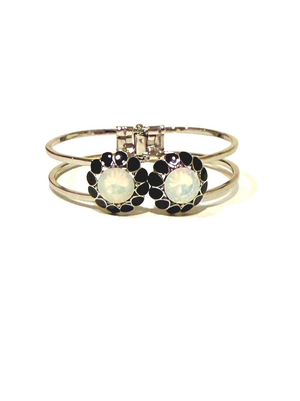 TALBOTS | Black Enamel Floral & Opalite Cuff Silver Hinge Bracelet | NWOT